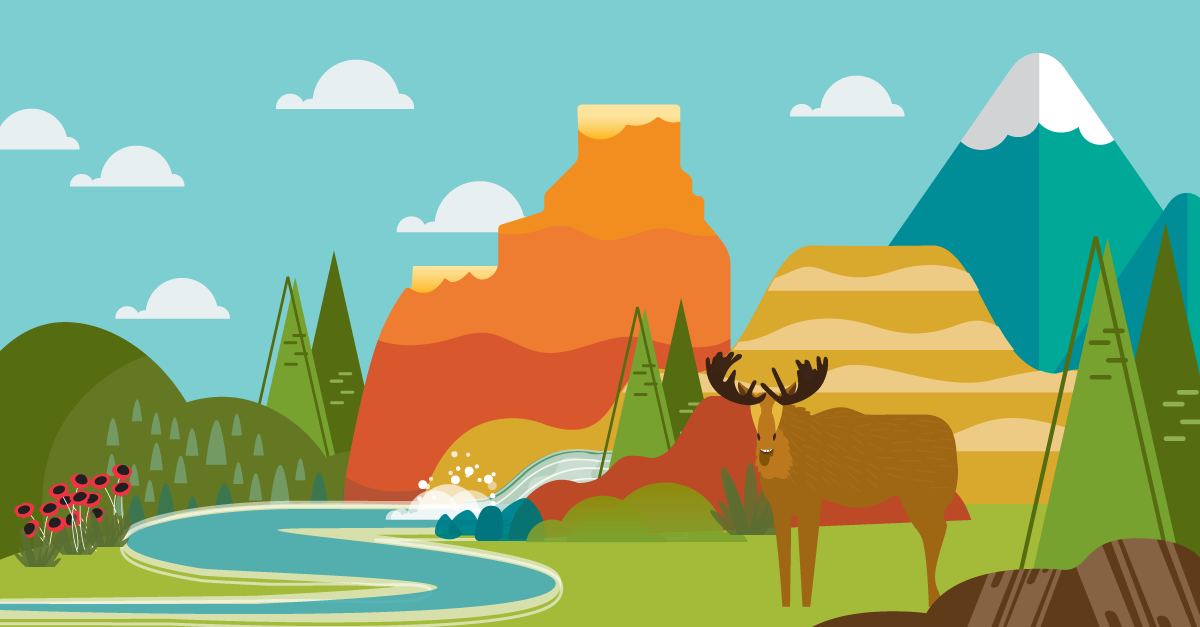 Illustration of an elk in front of mountains and canyons